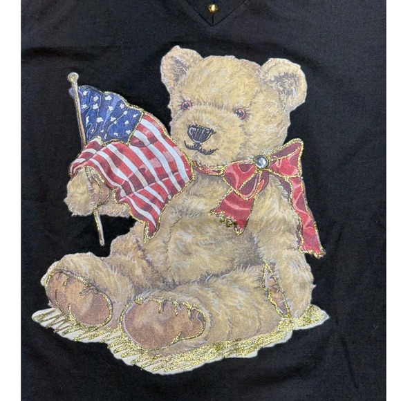 Vintage Penney Lynn USA Teddy Bear Flag Studded V-Neck Tee Black Medium - Picture 4 of 6